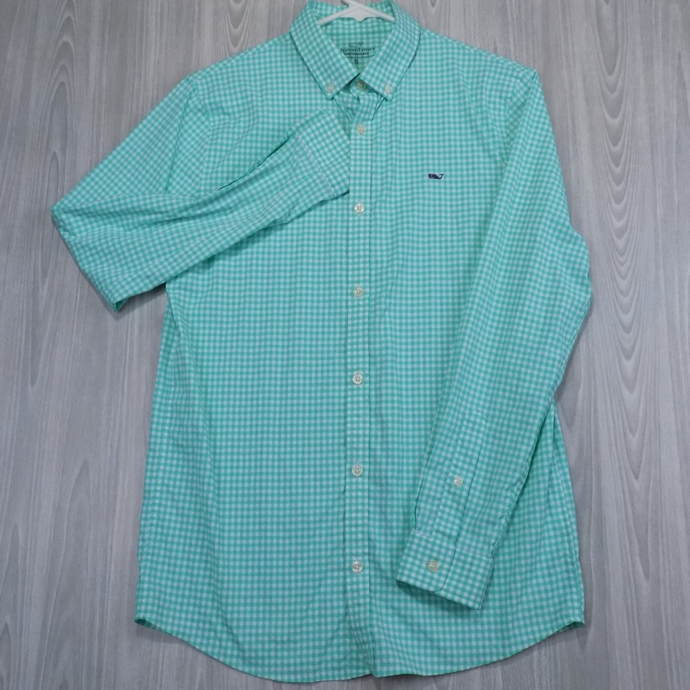 Vineyard Vines Performance Gingham Button Down Shirt Boys XL 18 Green White